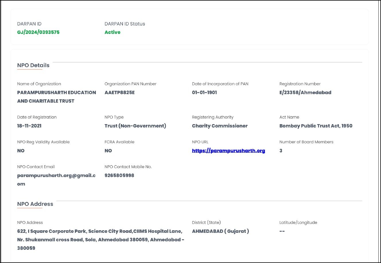 NGO Darpan record of the trust, Darpan ID GJ/2024/0393575