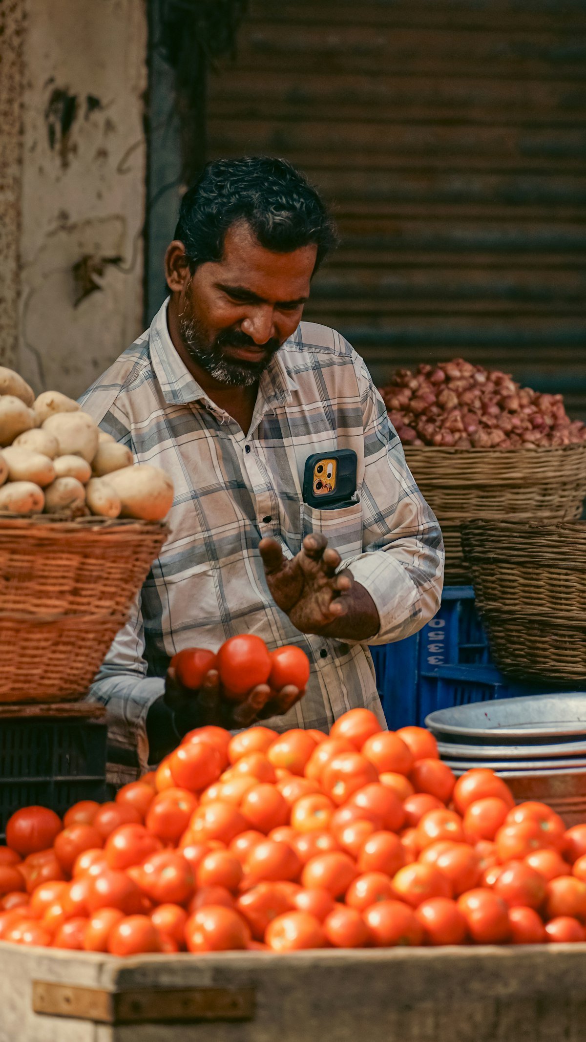 Close-up of a vendor's hand holding tomatoes, with baskets of potatoes and onions